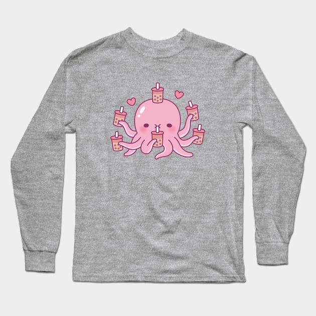 Cute Pink Octopus Loves Bubble Tea Long Sleeve T-Shirt by rustydoodle